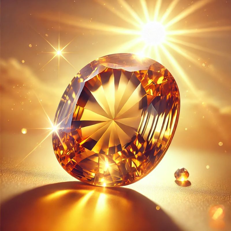 Radiant Citrine gemstone glowing with golden and amber tones, set against a warm, sunny background symbolizing the Australian summer. The image highlights the gemstone’s facets, evoking positivity and joy, aligned with the November birthstone.