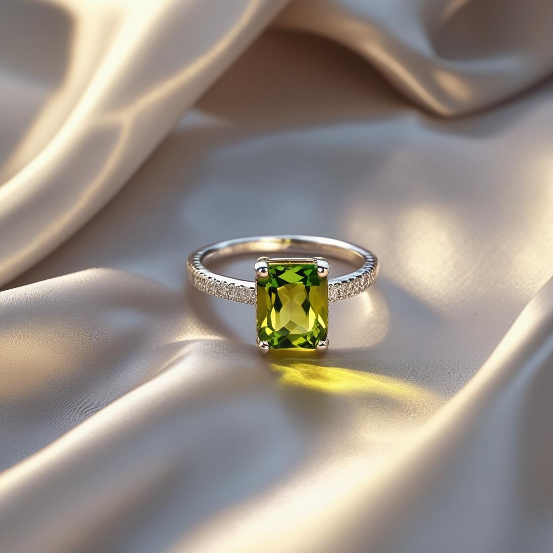 Luxury Peridot ring on velvet background – August birthstone for Leo in premium jewellery styling