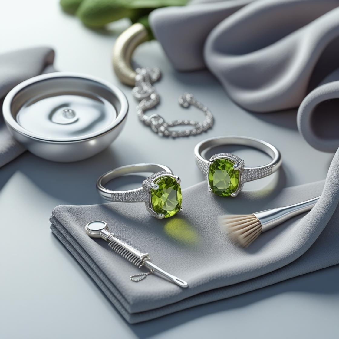 Silver Peridot jewellery with cleaning tools – showcasing how to care for August birthstone with elegance and precision