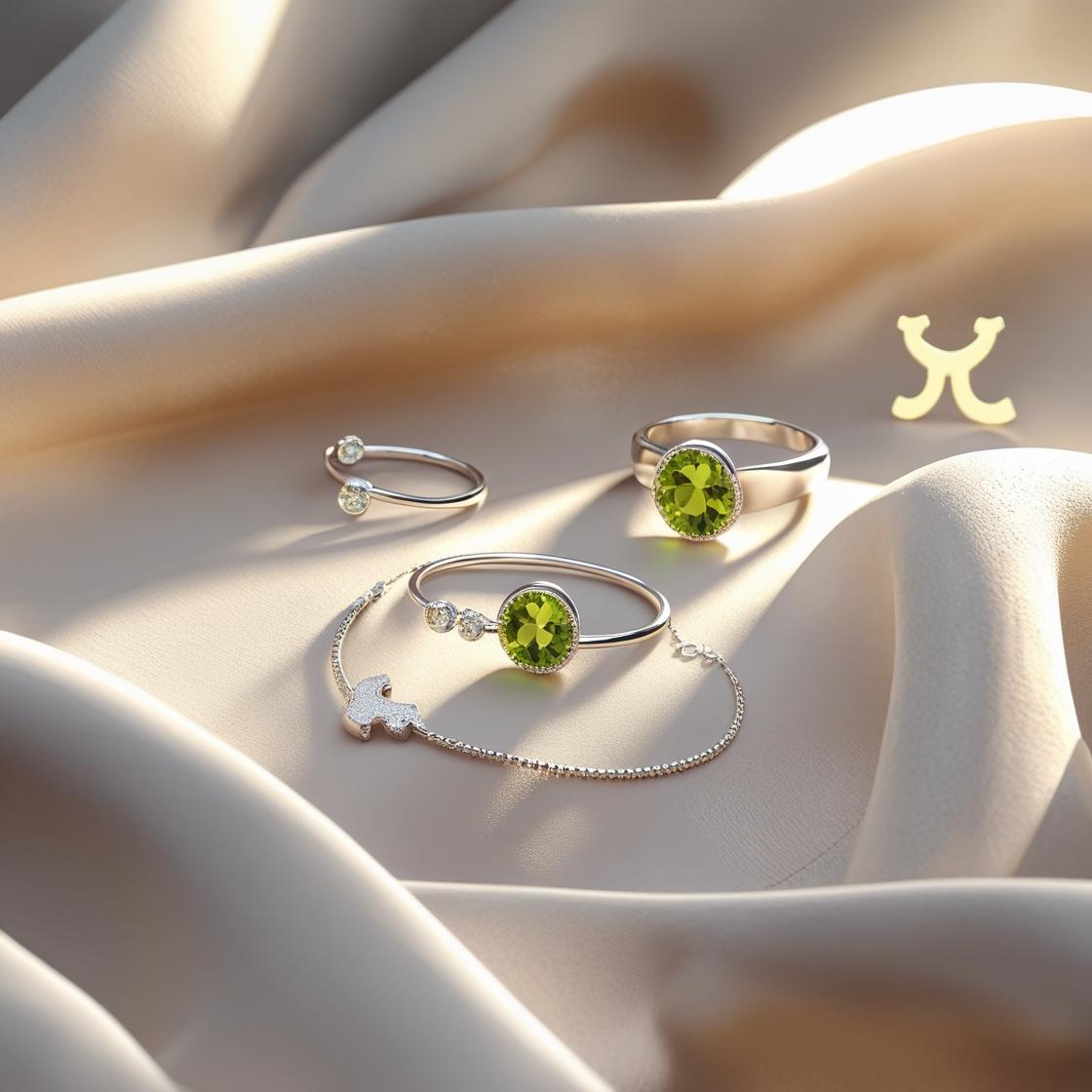 Minimal silver Peridot jewellery for Leos styled on suede fabric with soft natural light and zodiac accent