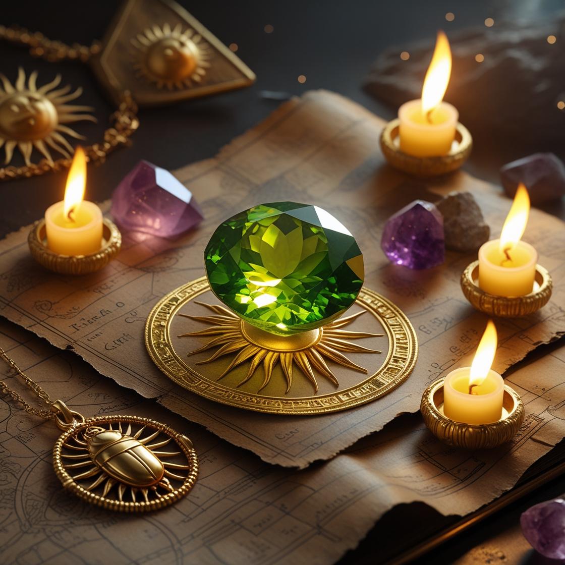 Symbolic Peridot glowing on ancient scroll with candlelight – representing the August birthstone’s spiritual meaning and mystical energy