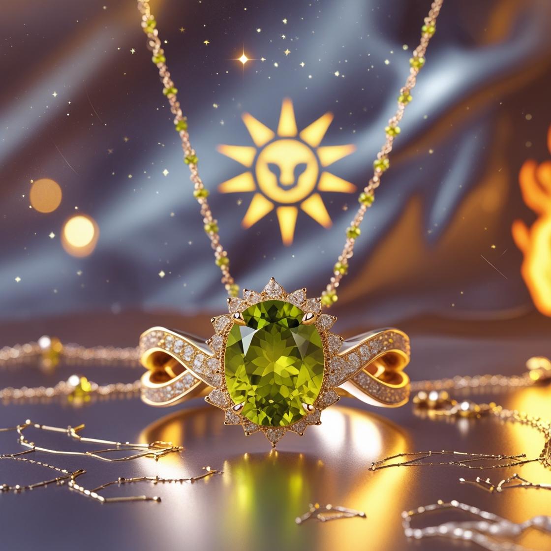 Bold Peridot jewellery with Leo zodiac and sun motifs – symbolizing the connection between August birthstone and Leo’s fiery energy