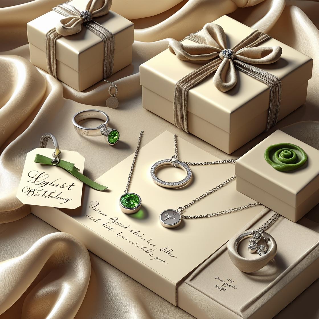 Luxury silver Peridot jewellery gift set for August birthdays with ring, pendant, and bracelet on velvet