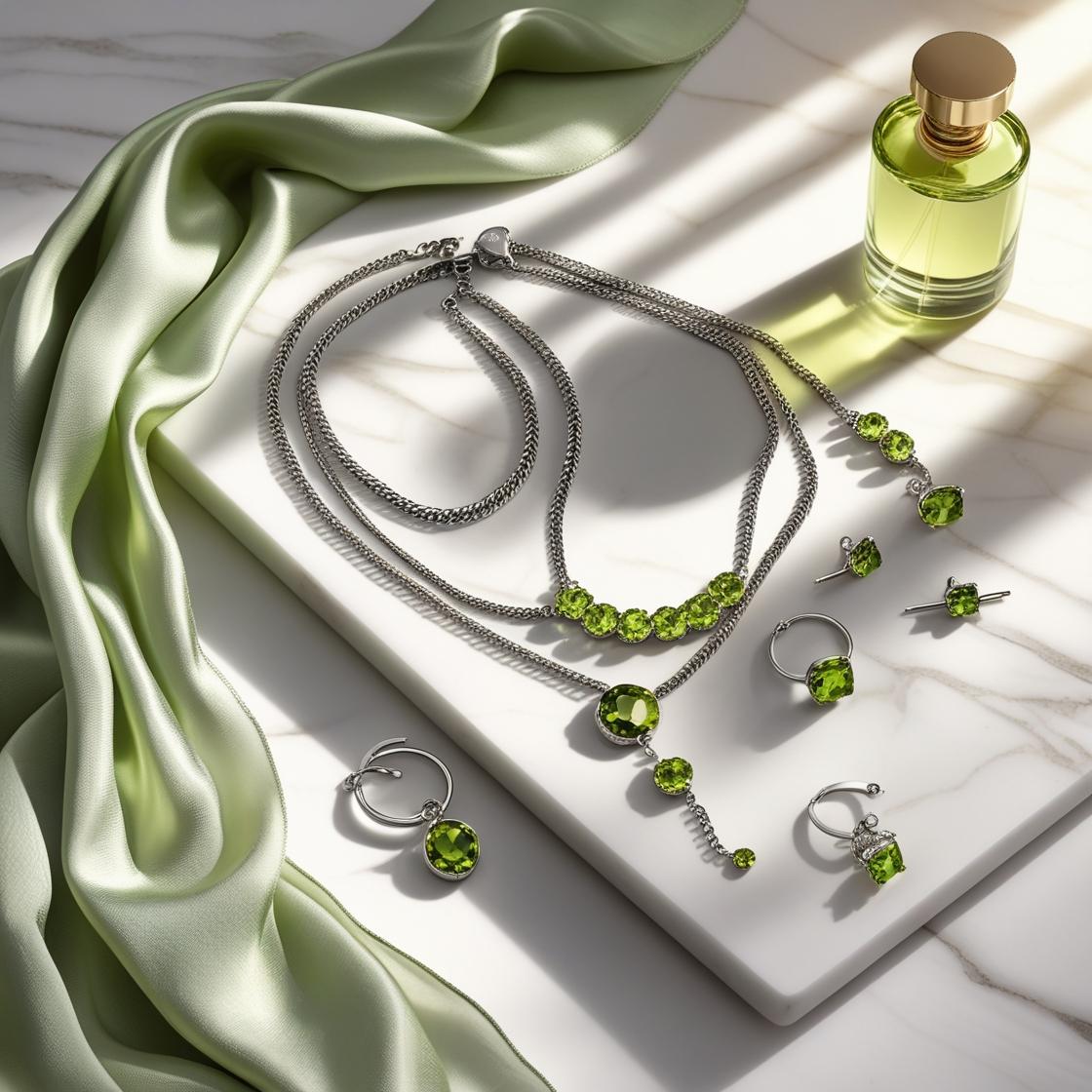 Layered Peridot jewellery styled on marble with gold accents – showcasing August jewellery trends and luxury everyday fashion