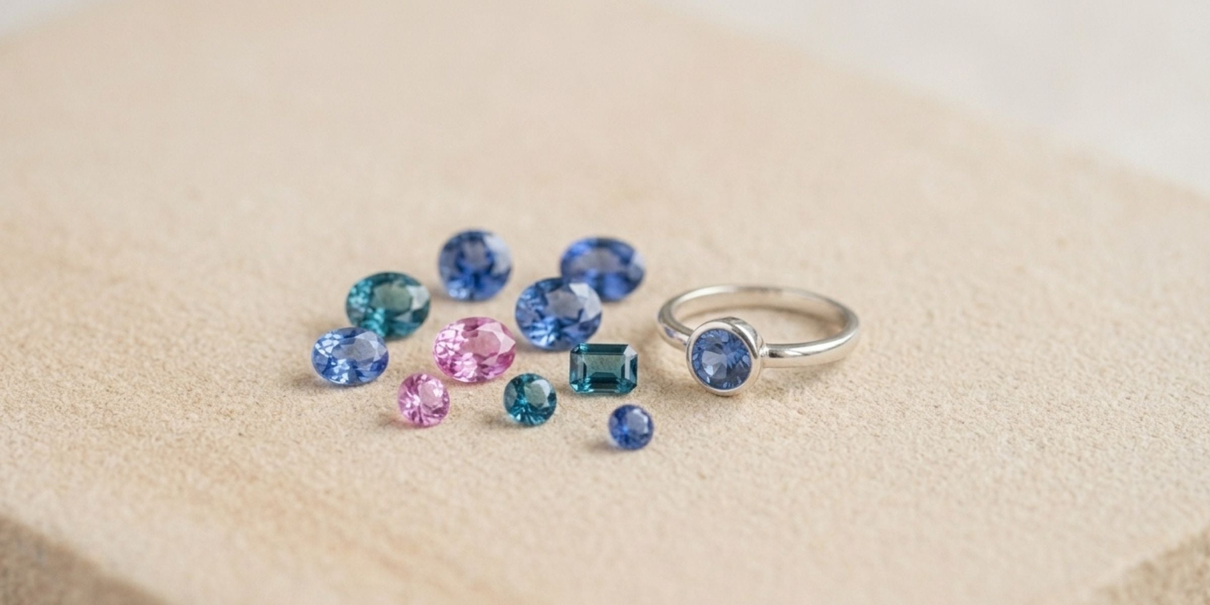 Loose blue, pink and teal sapphires beside a sterling silver sapphire ring