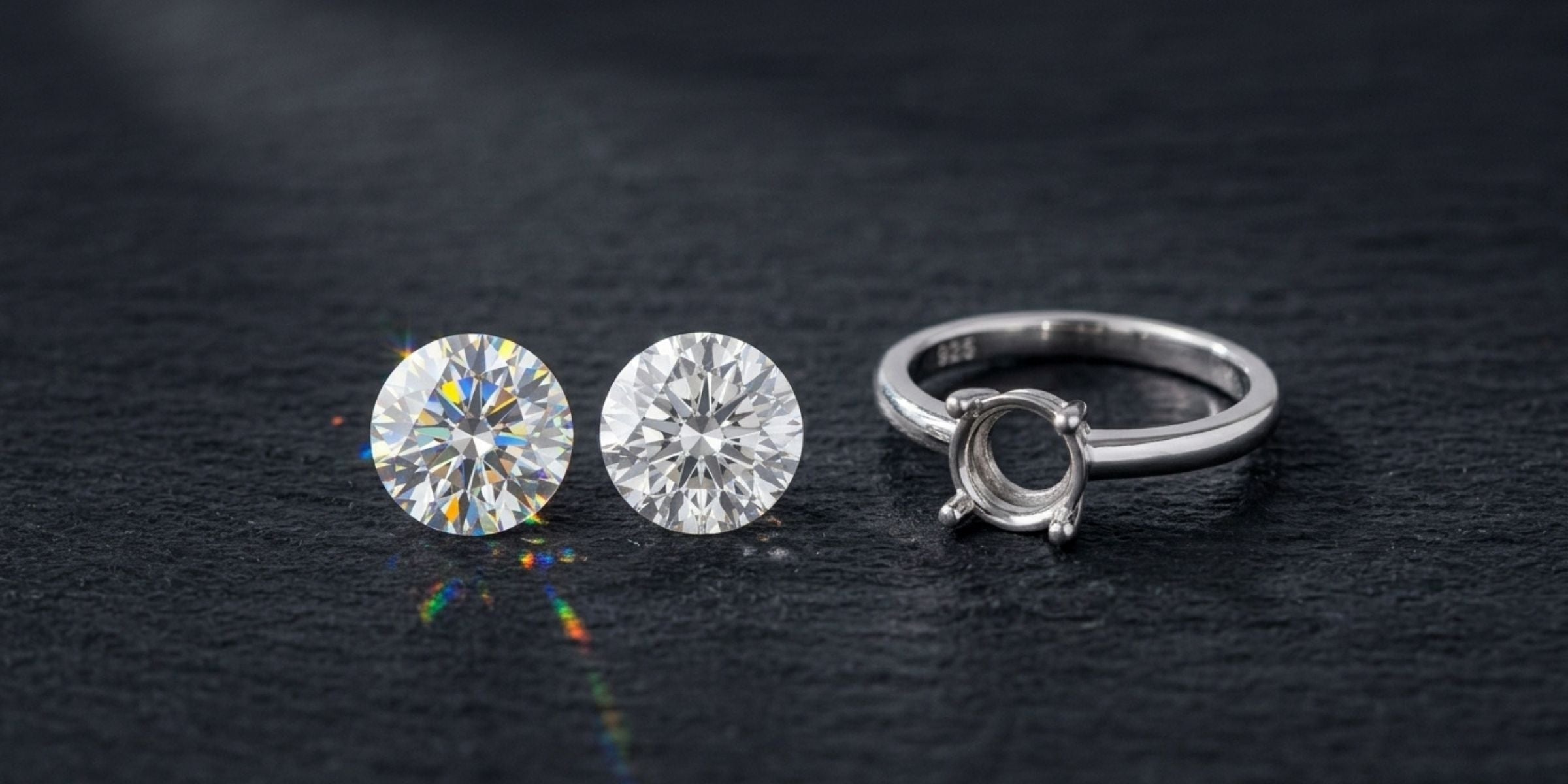 Two loose colourless stones with different sparkle beside a sterling silver ring on slate