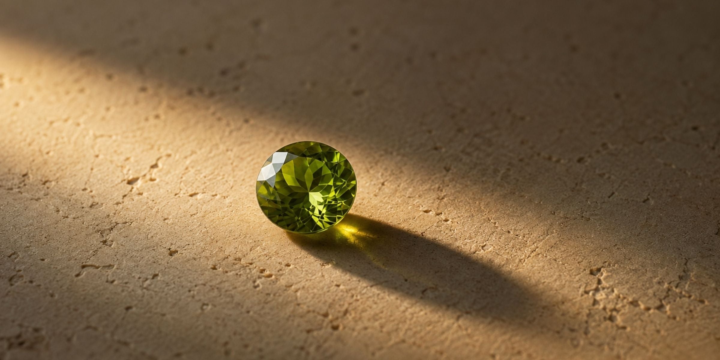 Single olive-green peridot glowing in golden light on a warm stone surface, evoking the history and symbolism of the August birthstone.