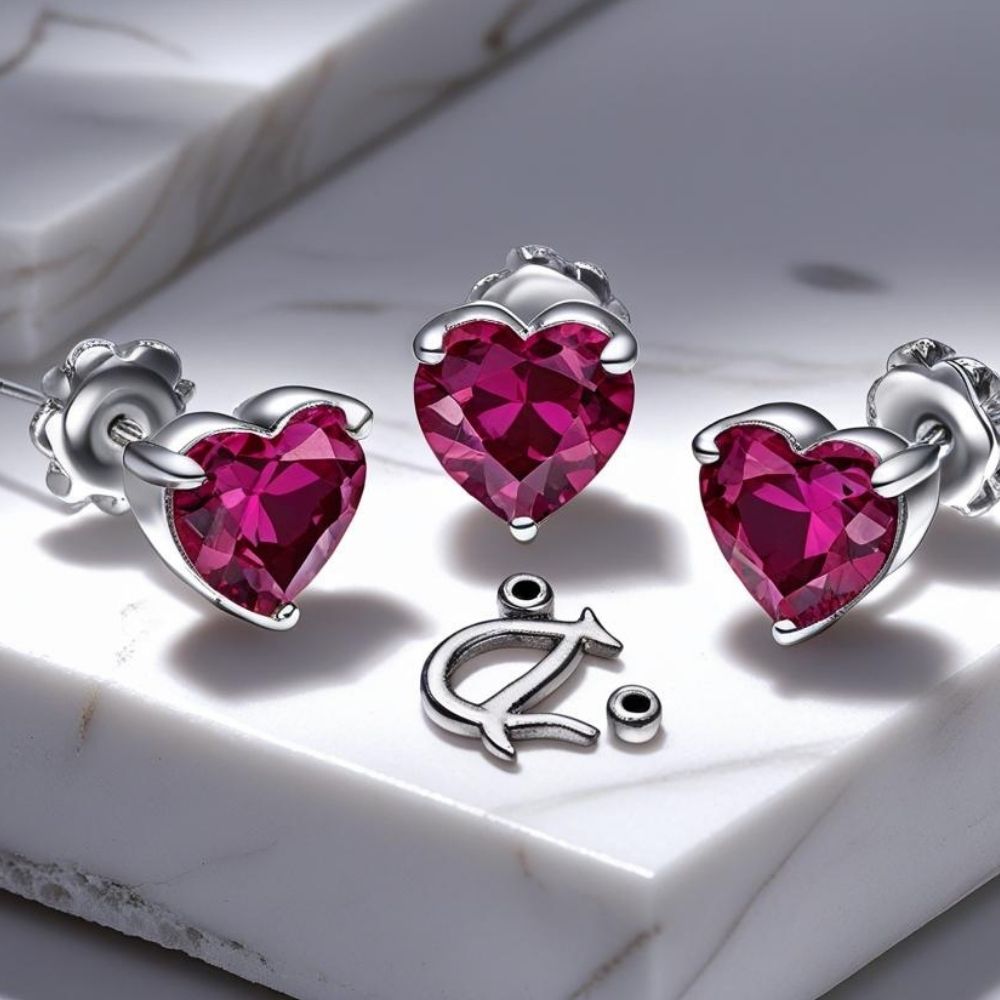 ruby heart shape stud earrings sittingnext to cancer zodiac logo on marble shelf