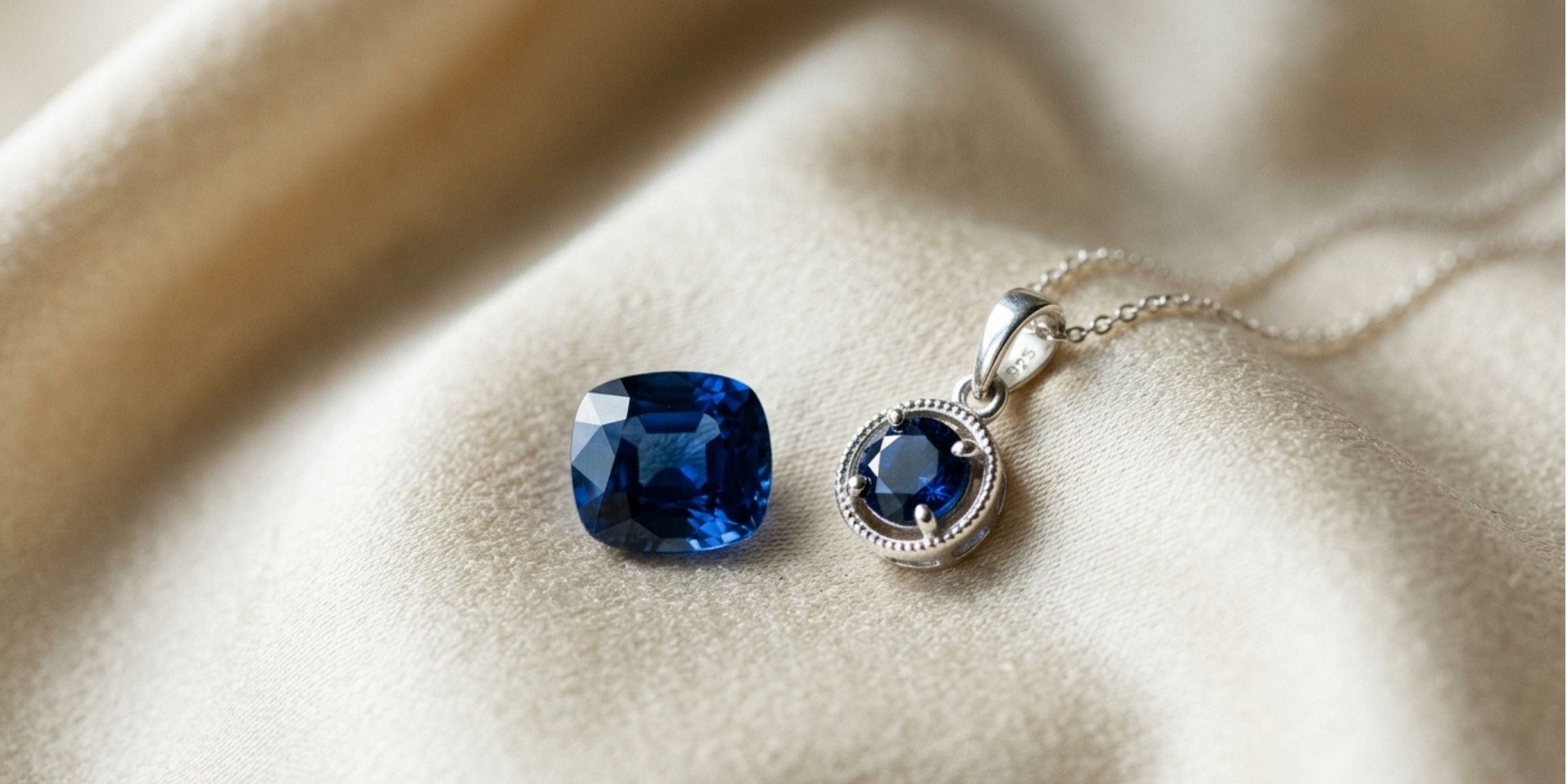 Loose blue sapphire gemstone beside a sterling silver sapphire pendant on silk