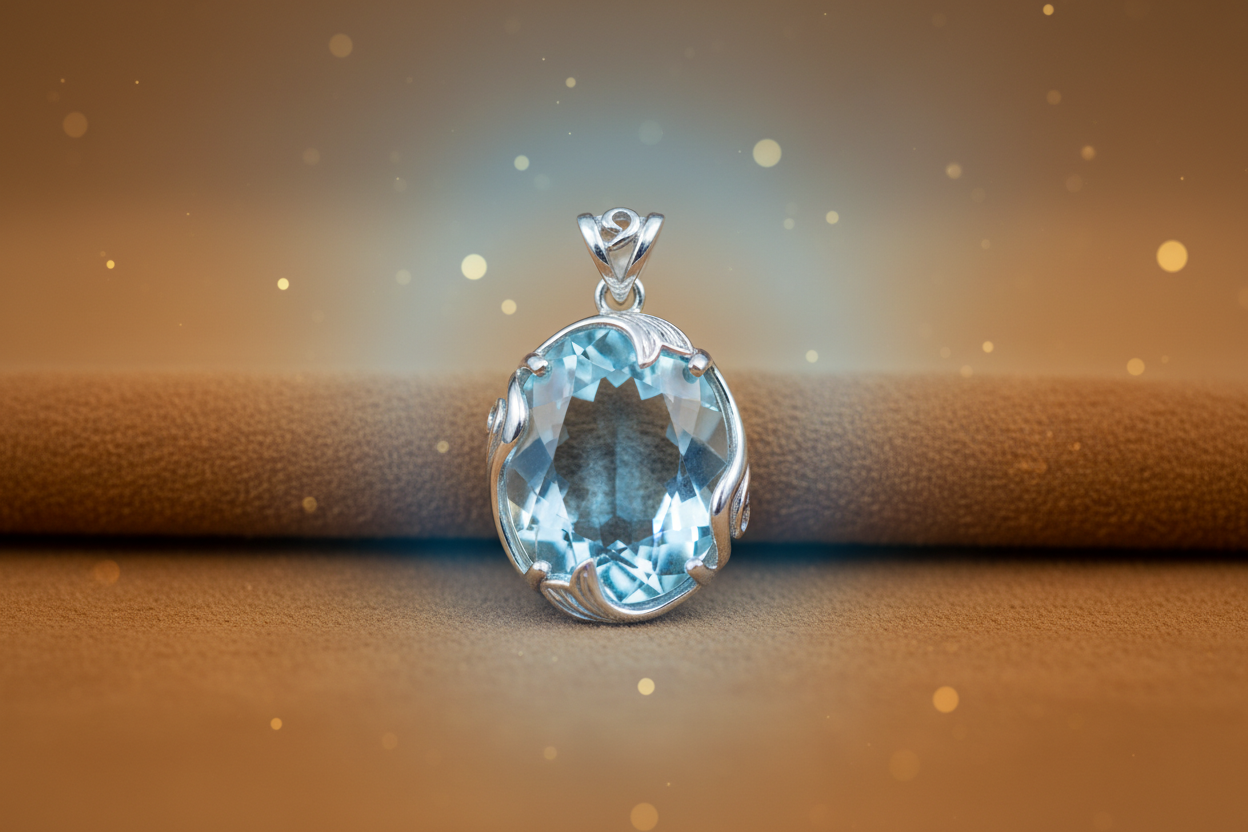 Sterling silver aquamarine pendant in soft watery light, linking aquamarine to the Pisces zodiac sign.