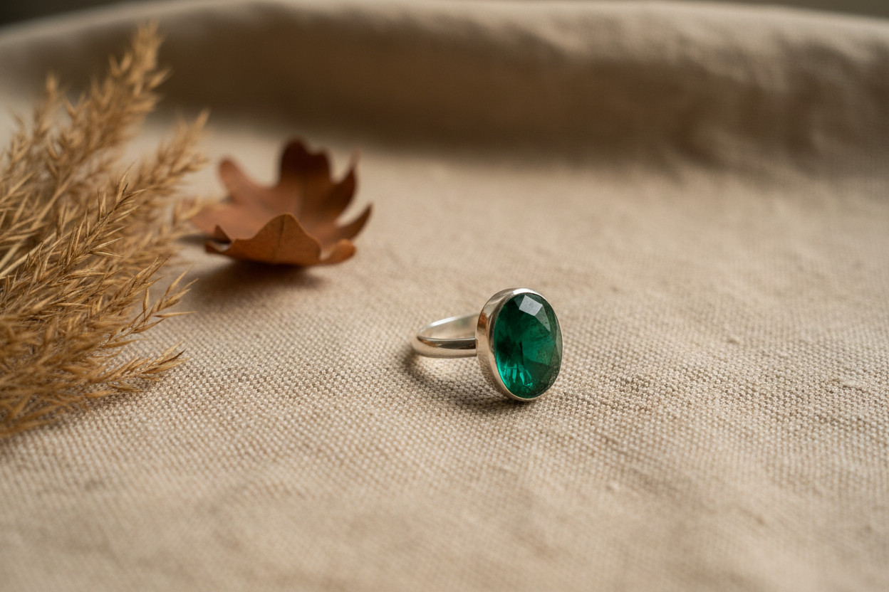 Sterling silver emerald-style ring on warm linen with an earthy botanical accent, exploring the Taurus and emerald astrological connection.