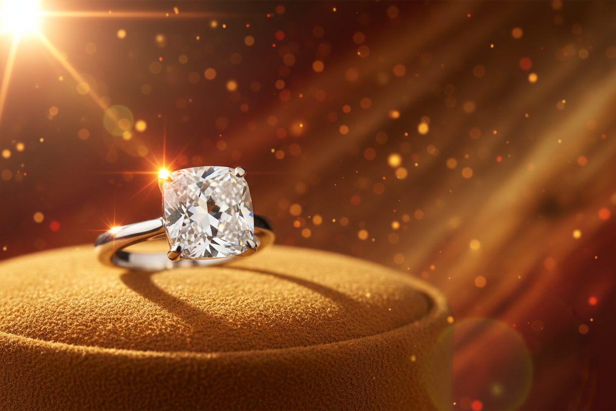 Sterling silver moissanite ring sparkling in bold fiery light against a cosmic background, linking moissanite to the Aries zodiac sign.