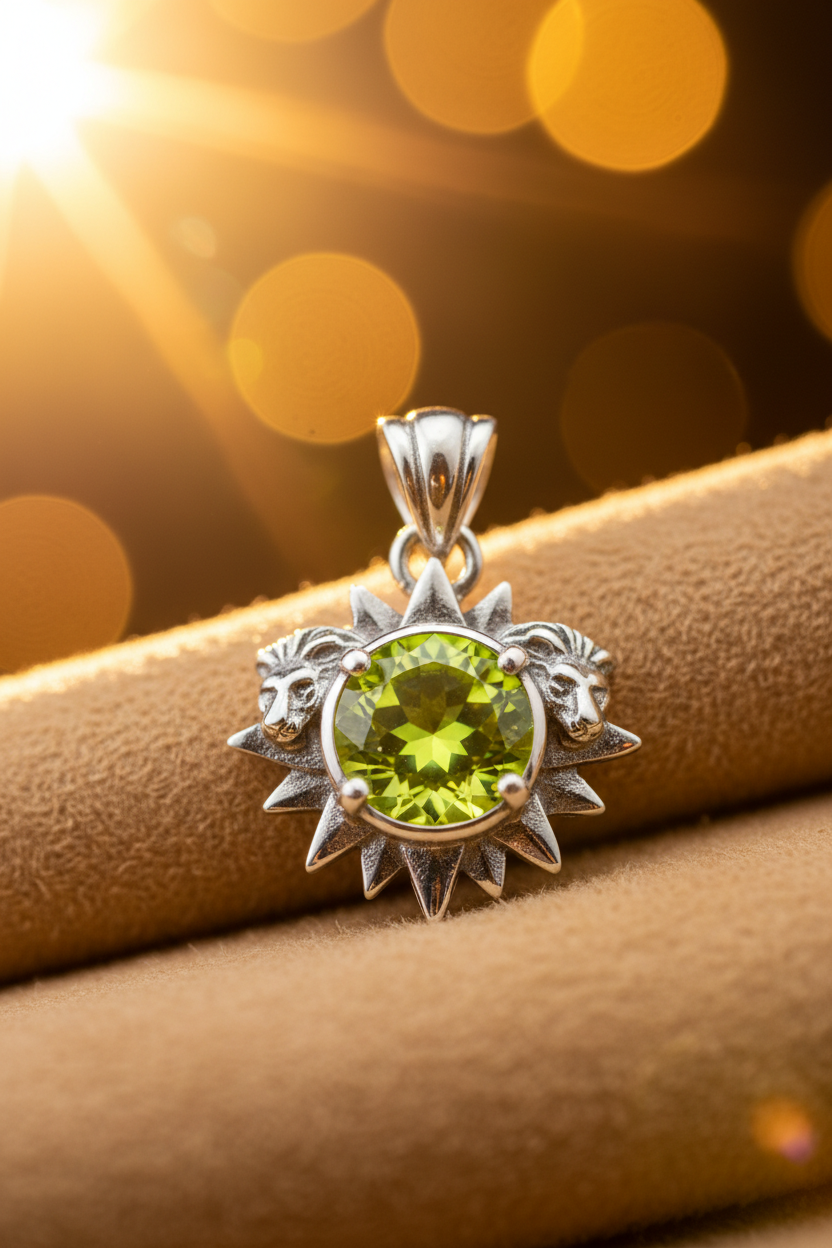 Sterling silver peridot pendant lit by a warm golden sunbeam, representing peridot as the birthstone for the Leo zodiac sign.