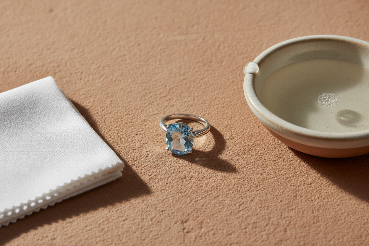 Sterling silver blue topaz ring beside a soft cloth and dish of soapy water on a warm surface, showing how to care for December birthstone jewellery.