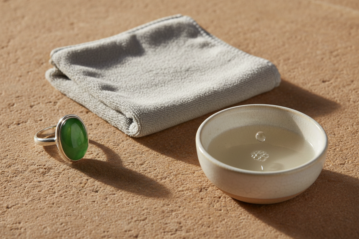 Sterling silver emerald-style ring beside a soft cloth and dish of soapy water, showing how to care for emerald jewellery.