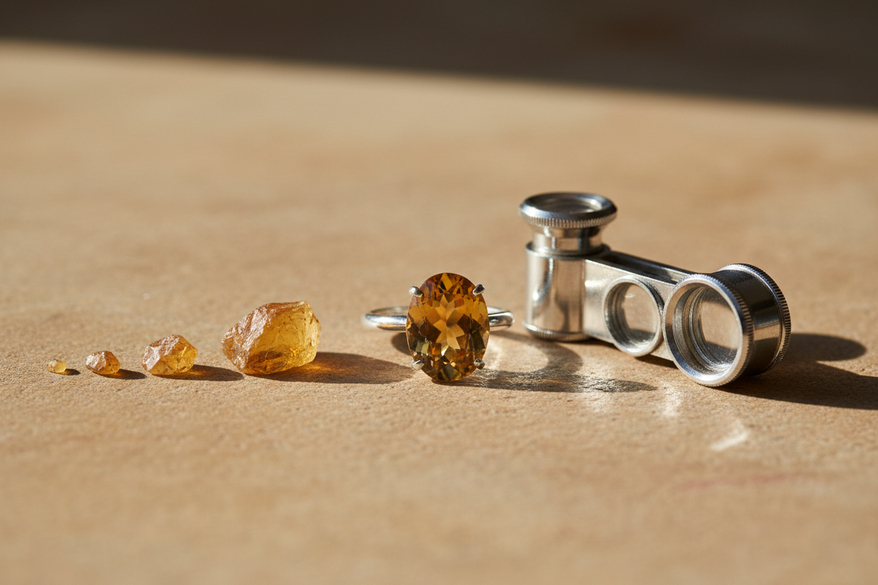 Sterling silver citrine ring beside a loupe and graded loose citrine stones, illustrating citrine pricing in Australia.