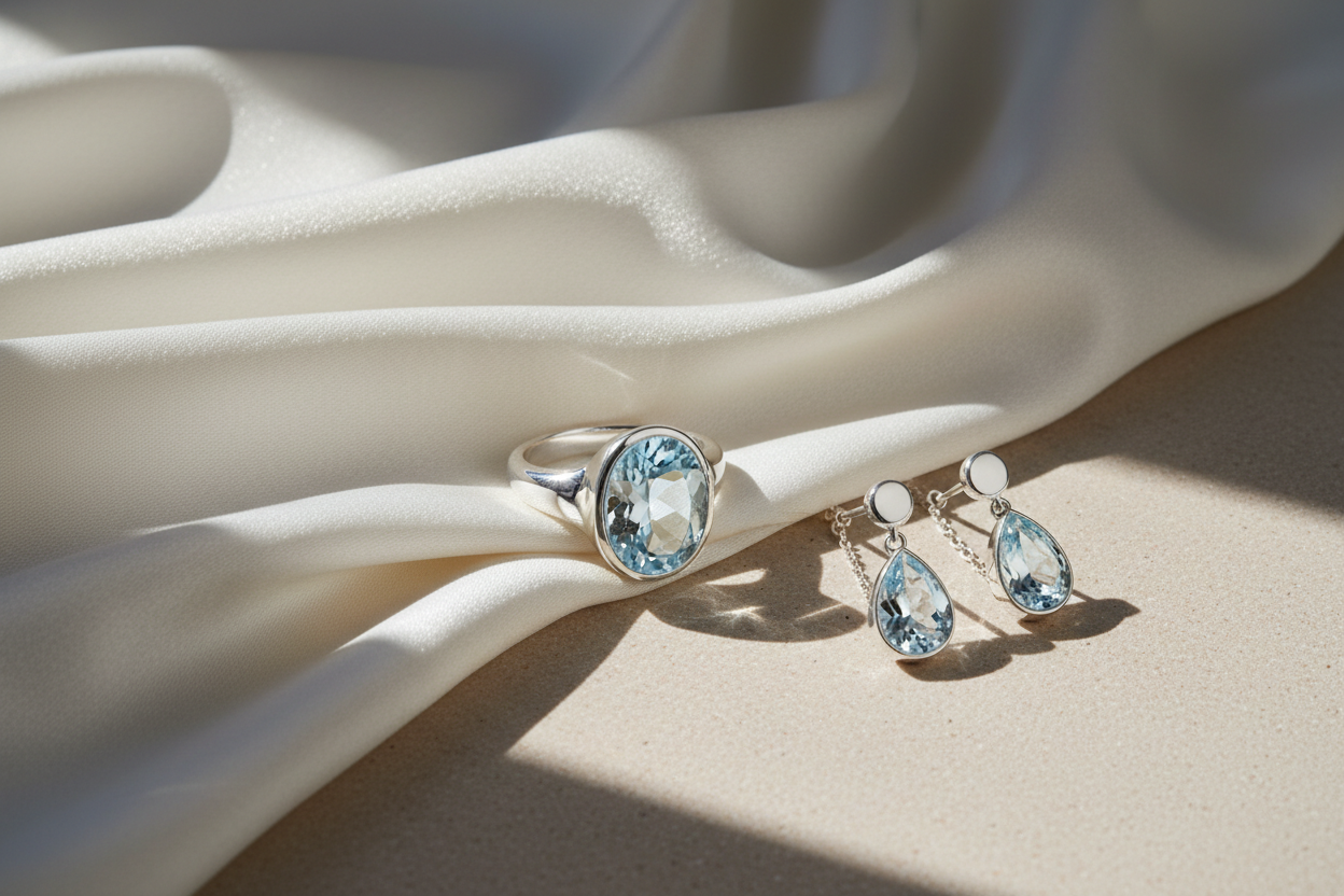 Sterling silver aquamarine ring and earrings on draped silk, styled to show aquamarine jewellery fashion trends.