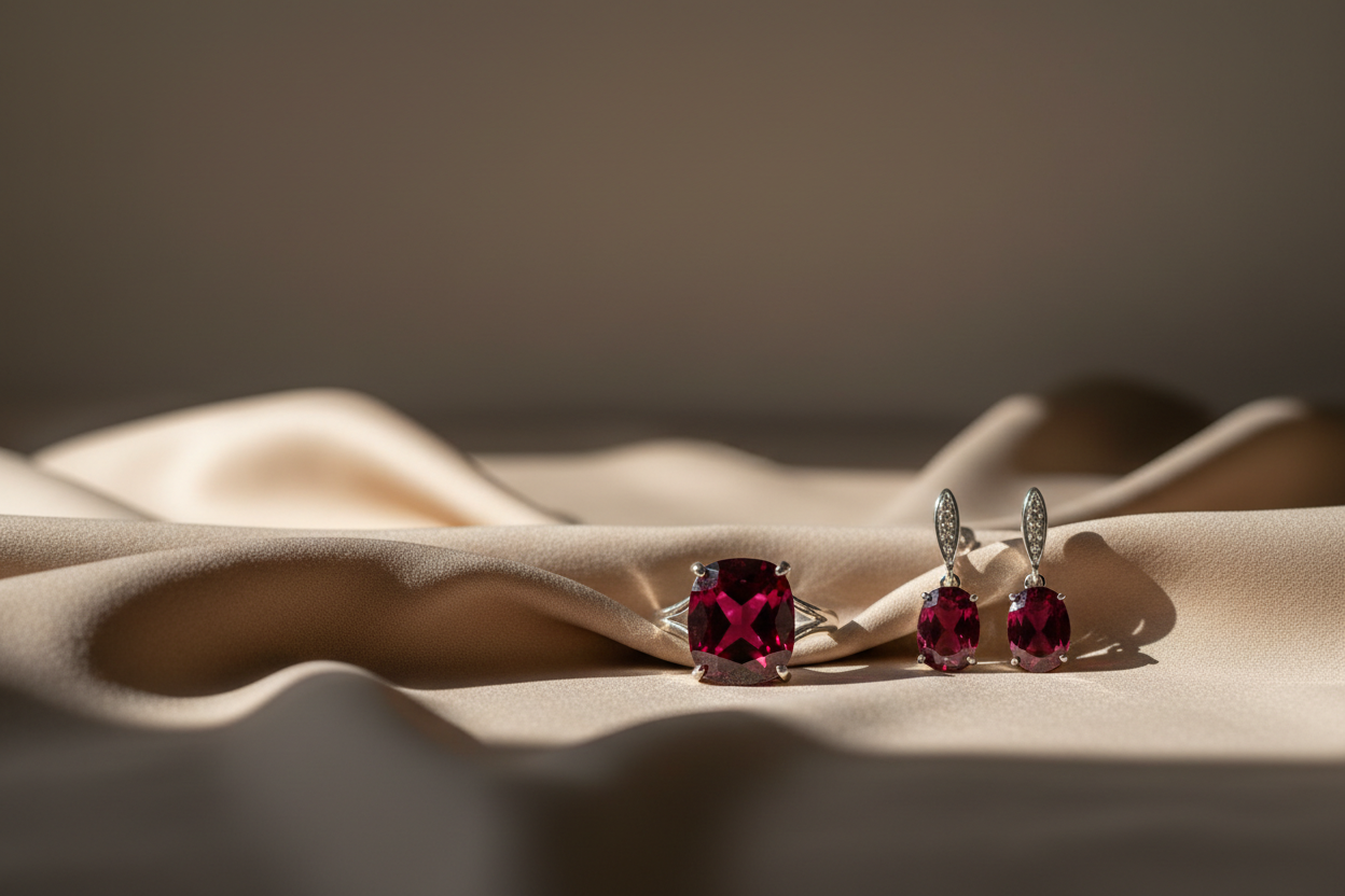 Sterling silver ruby ring and earrings on draped fabric in modern styling, showing top ruby jewellery trends for 2026.