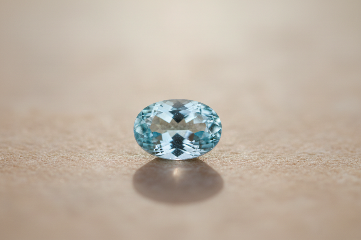 Single sea-blue aquamarine lit softly on a warm surface, introducing aquamarine as the March birthstone