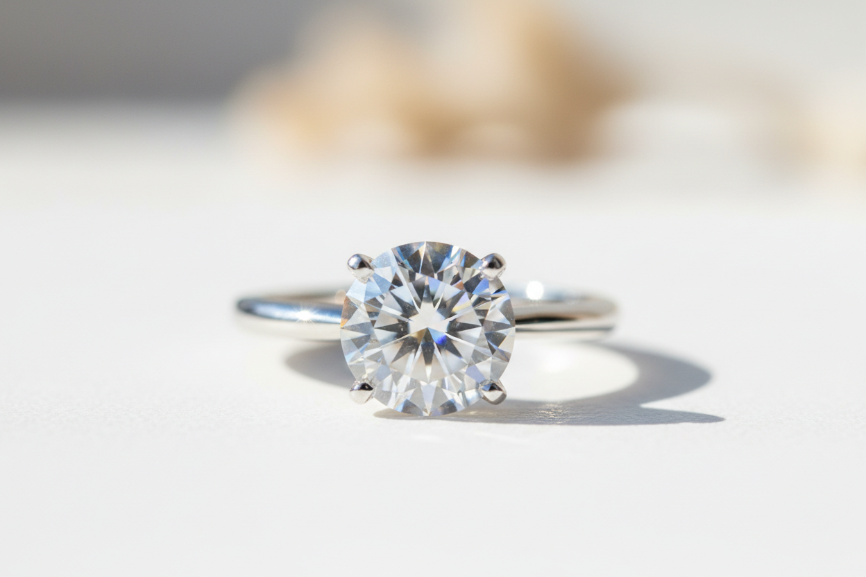 Sterling silver moissanite ring catching bright light on a clean pale surface