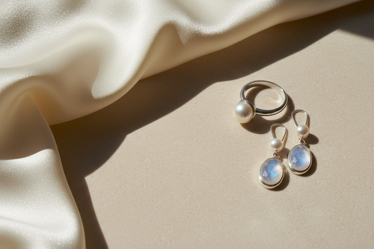Sterling silver pearl ring and moonstone earrings on draped cream silk, styled to show June birthstone jewellery trend