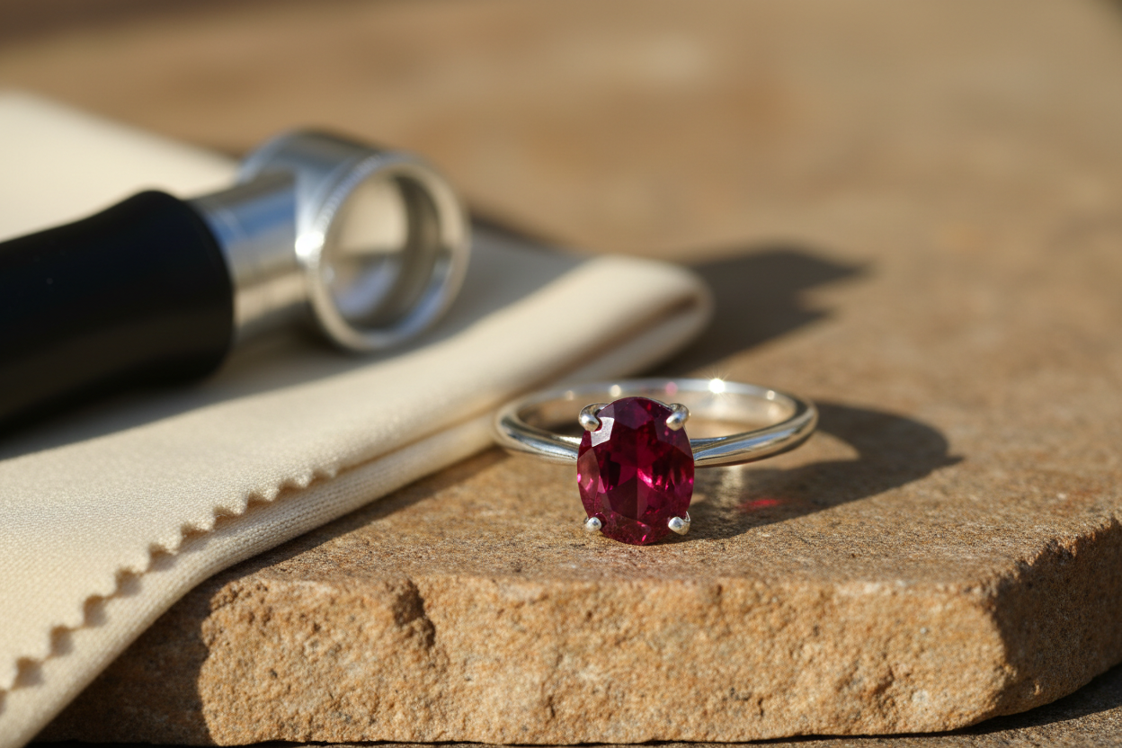 Sterling silver ruby ring beside a jeweller's loupe on a stone surface, illustrating expert tips for choosing authentic ruby jewellery.