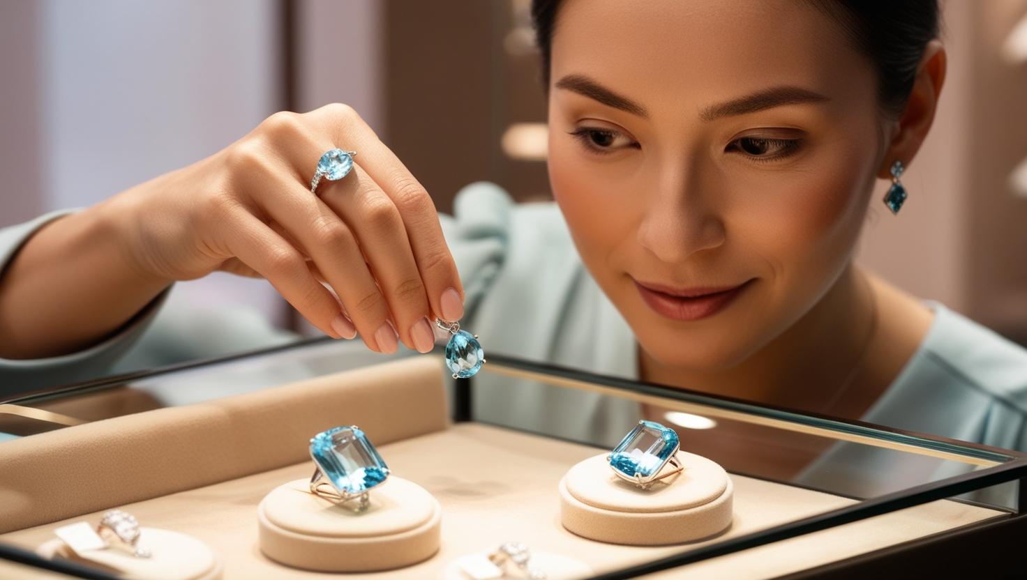 lady choosing aquamarine jewellery