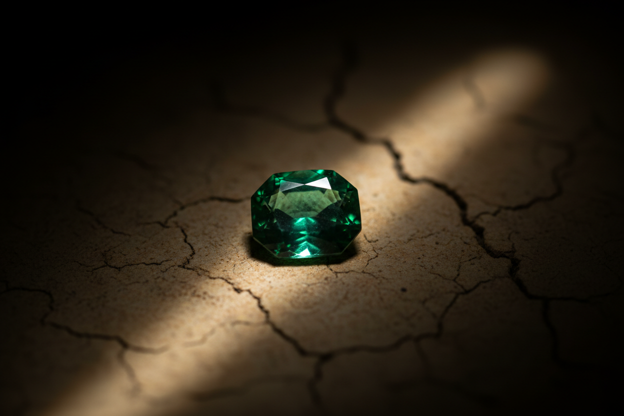 Single deep green emerald-toned stone in golden light on a warm surface, evoking the cultural significance of the May birthstone.