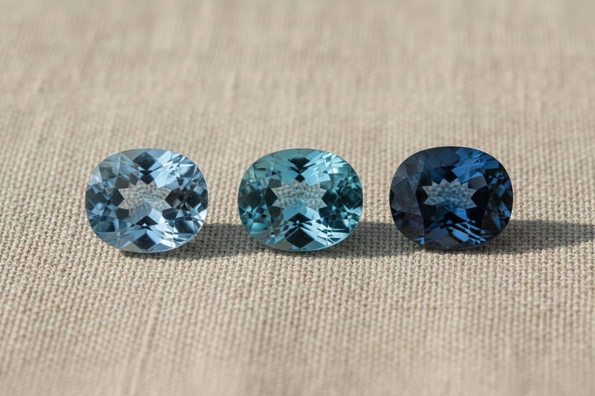Three blue topaz stones from sky blue to London blue arranged on warm linen, showing the range of blue topaz colours.