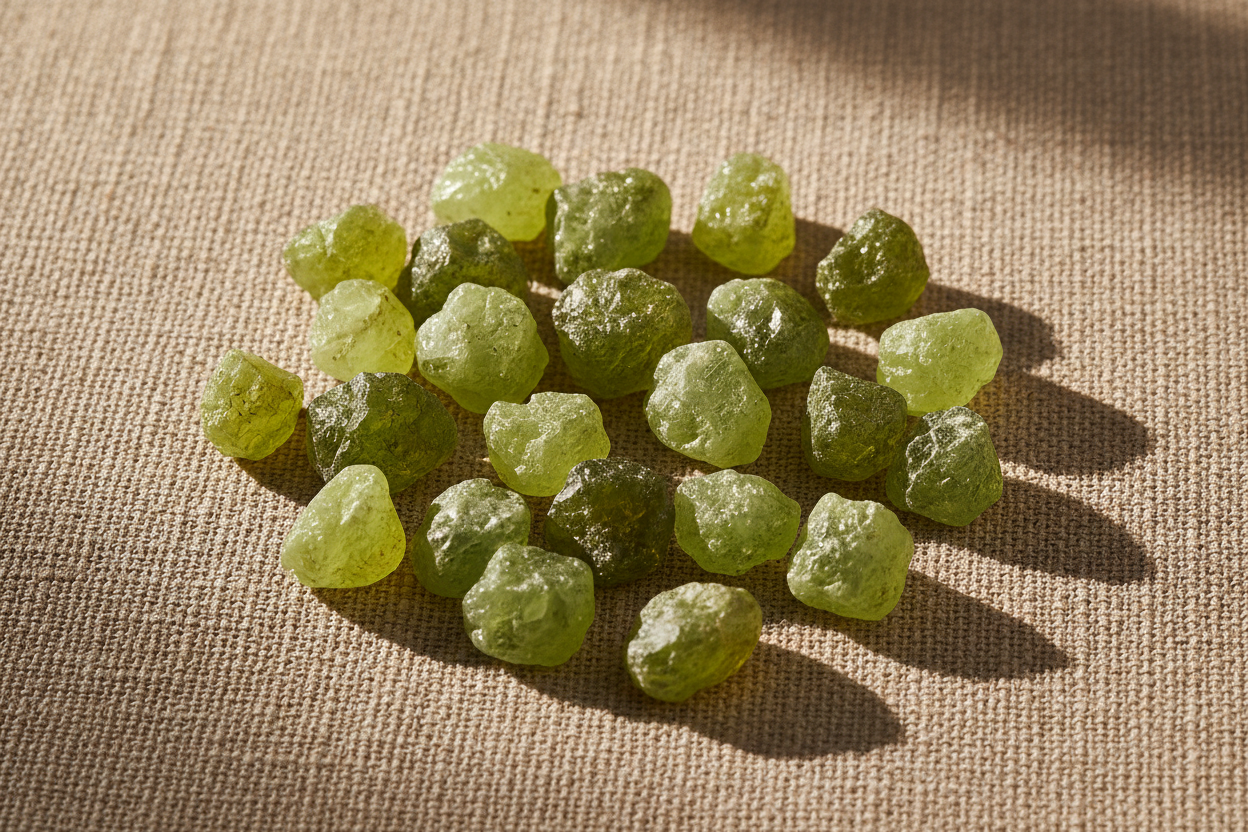 Loose peridot stones ranging from pale lime to deep olive-green on warm linen, showcasing the spectrum of peridot colour.