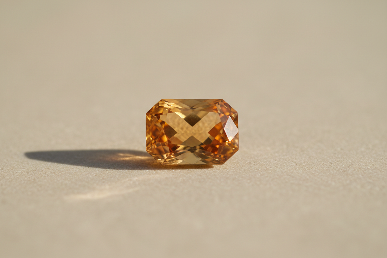 Single glowing golden citrine on a warm surface, representing citrine as the November birthstone.