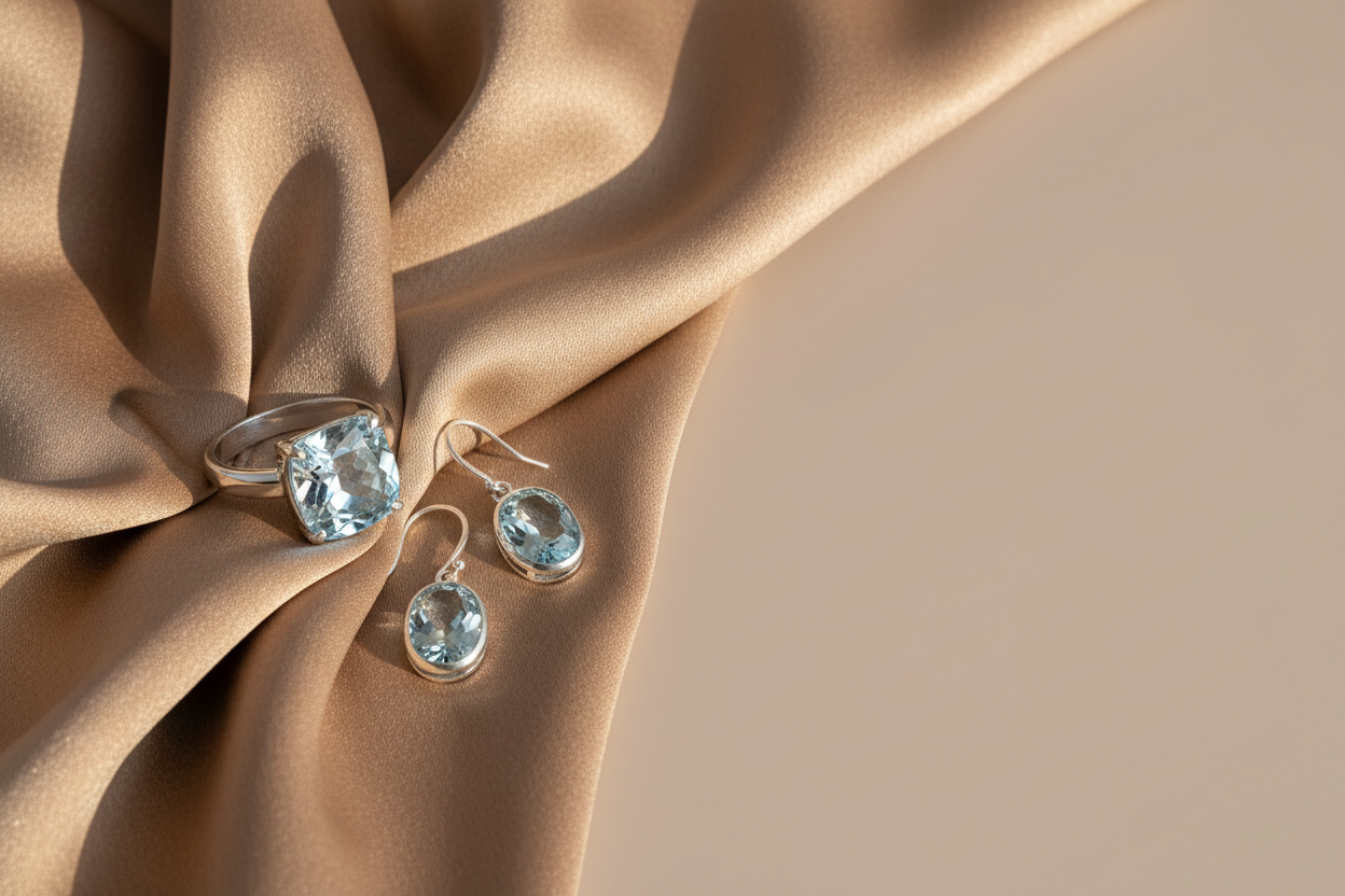 Sterling silver aquamarine ring and earrings on draped fabric in modern styling, showing March aquamarine jewellery trends.