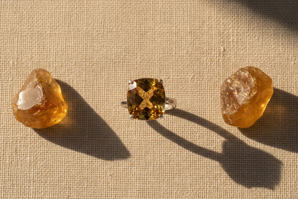 Sterling silver citrine ring with loose golden citrine stones on warm linen, guiding whether the sunshine stone is right for you.