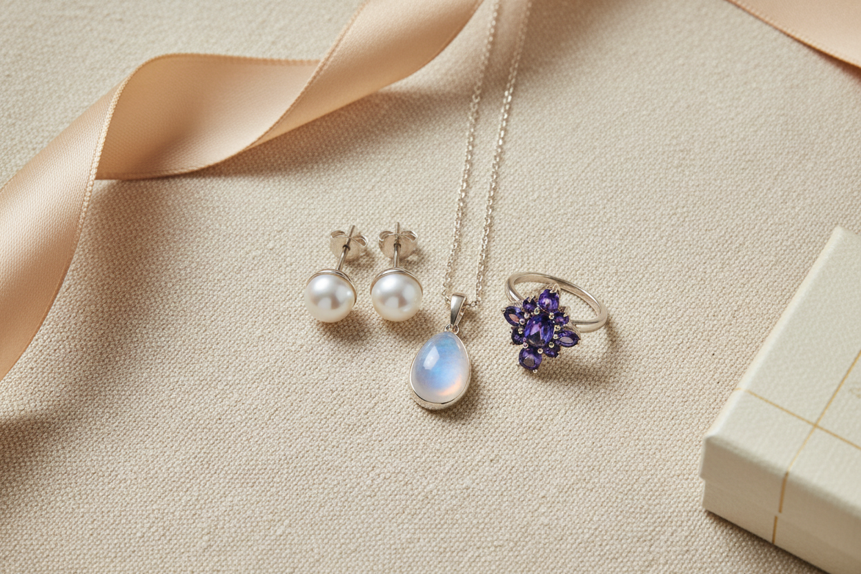 Flat-lay of sterling silver pearl, moonstone and alexandrite jewellery with a ribbon and gift box, styled as a June birthstone gift guide.
