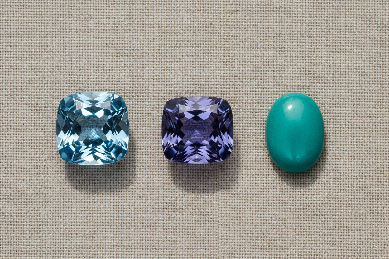 Blue topaz, tanzanite and turquoise arranged in a row on warm linen, representing December's three birthstones.