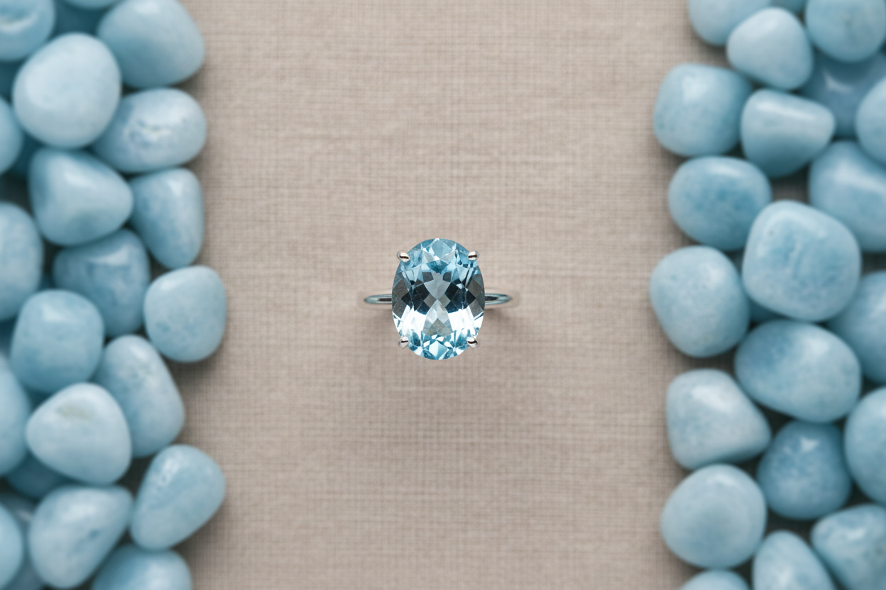 Sterling silver aquamarine ring centred between softly blurred pale-blue stones on warm linen, illustrating how to choose aquamarine jewellery.