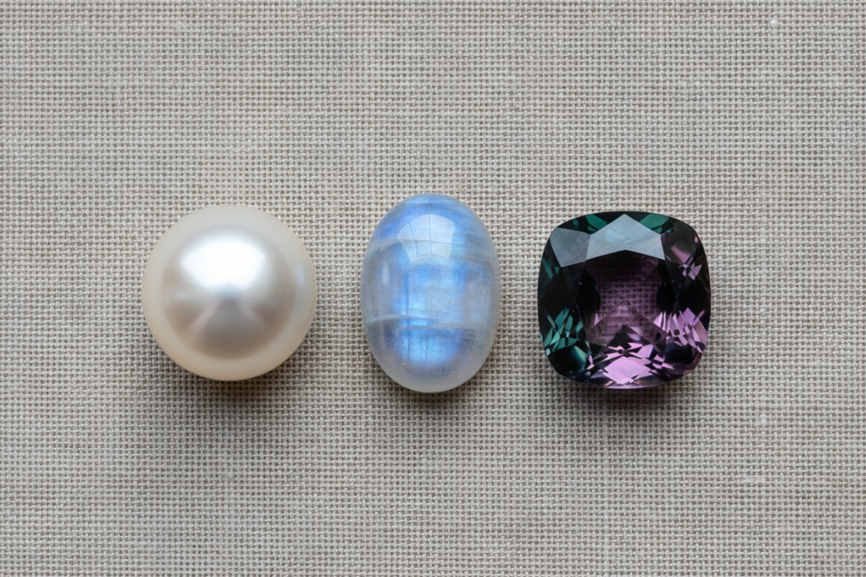 Pearl, moonstone and created alexandrite arranged in a row on warm linen, comparing the three June birthstone options.