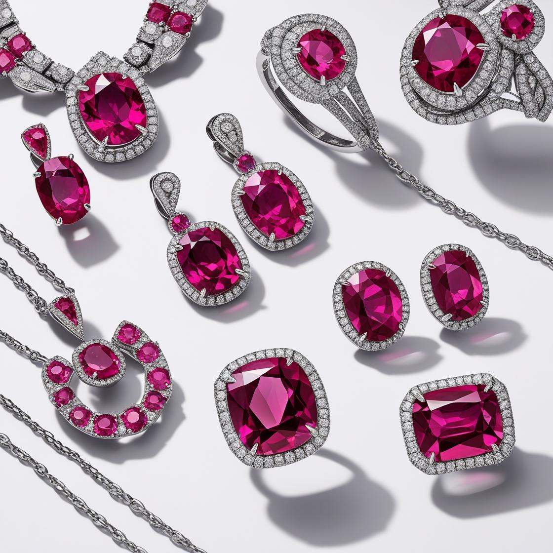 multiple ruby earrings and pendants sitting togeather