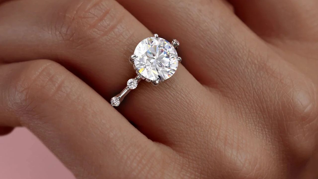 Close-up of a moissanite solitaire engagement ring showcasing brilliant sparkle.