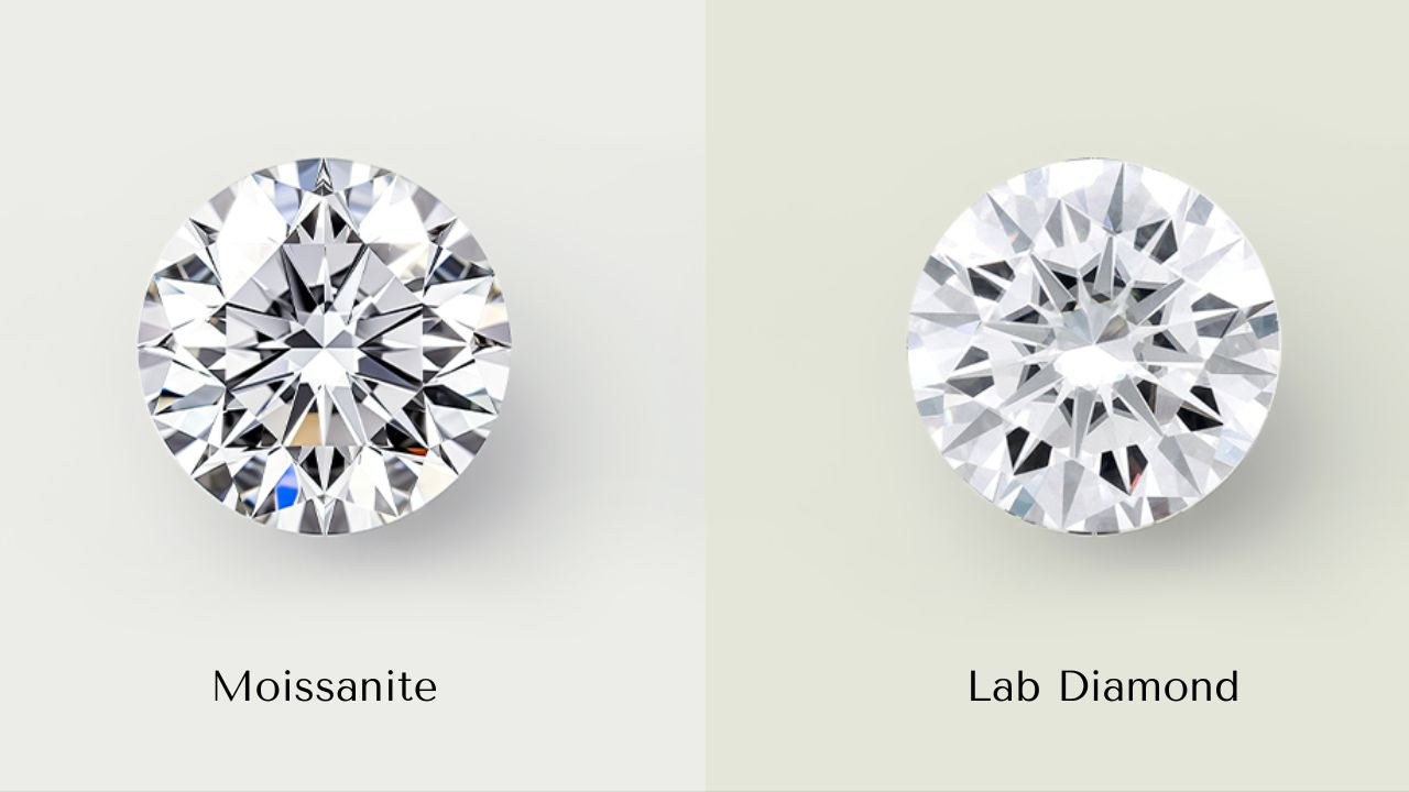 Side-by-side comparison of a moissanite and lab diamond