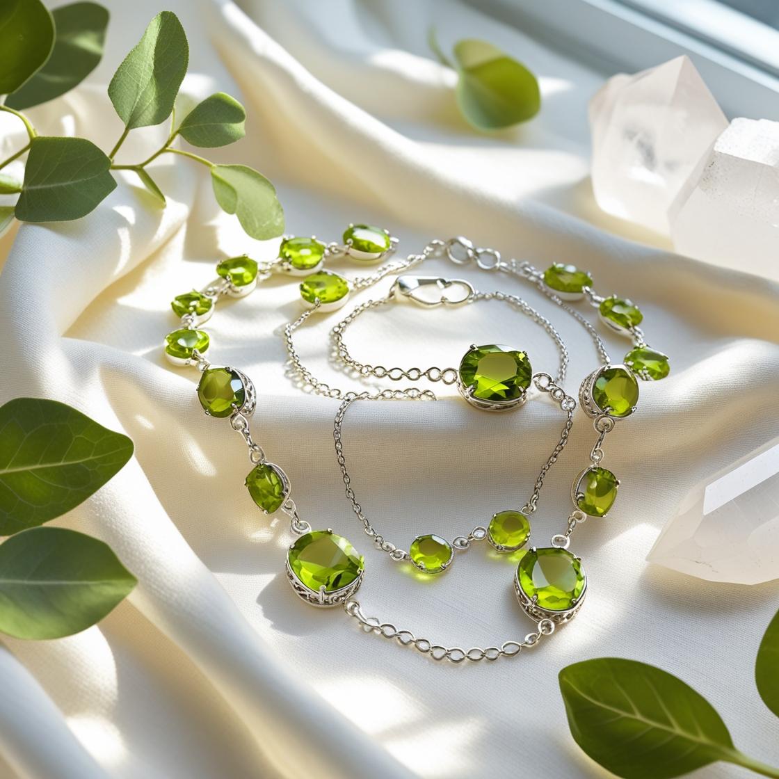 Assorted Peridot birthstone bracelets displayed on a soft neutral fabric, featuring gold bangles, silver cuffs, and minimalist chain designs styled with green leaves and natural light for an August-themed jewellery look.