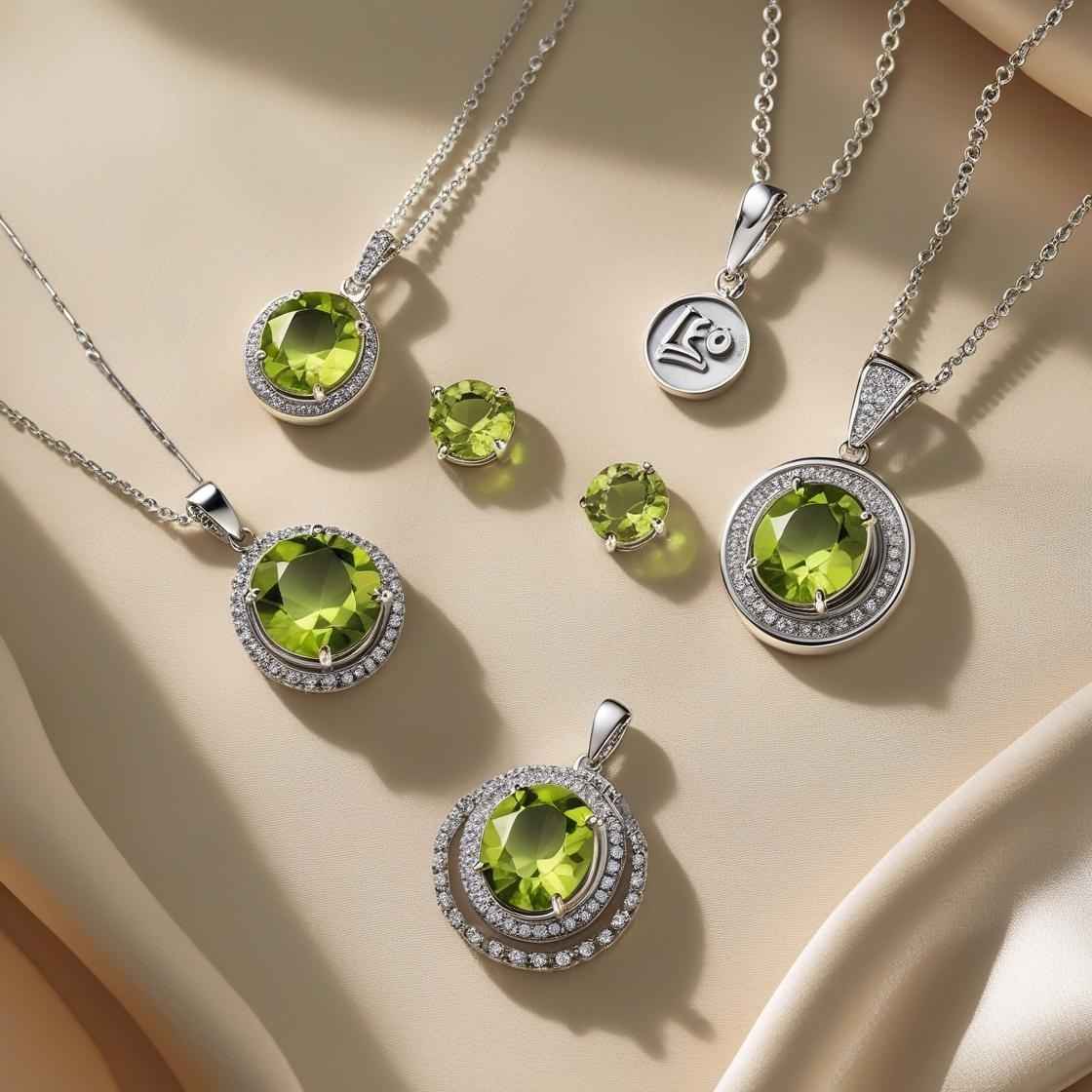 Assorted Peridot necklaces including minimalist and statement pendants in gold and silver, styled on a neutral fabric with green leaves and crystals.