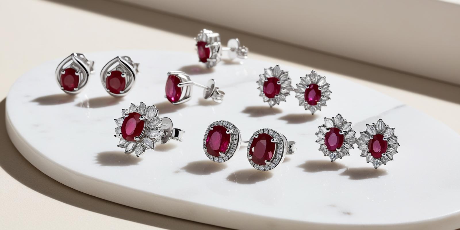 multiple pairs of ruby stud earrings on marble slab