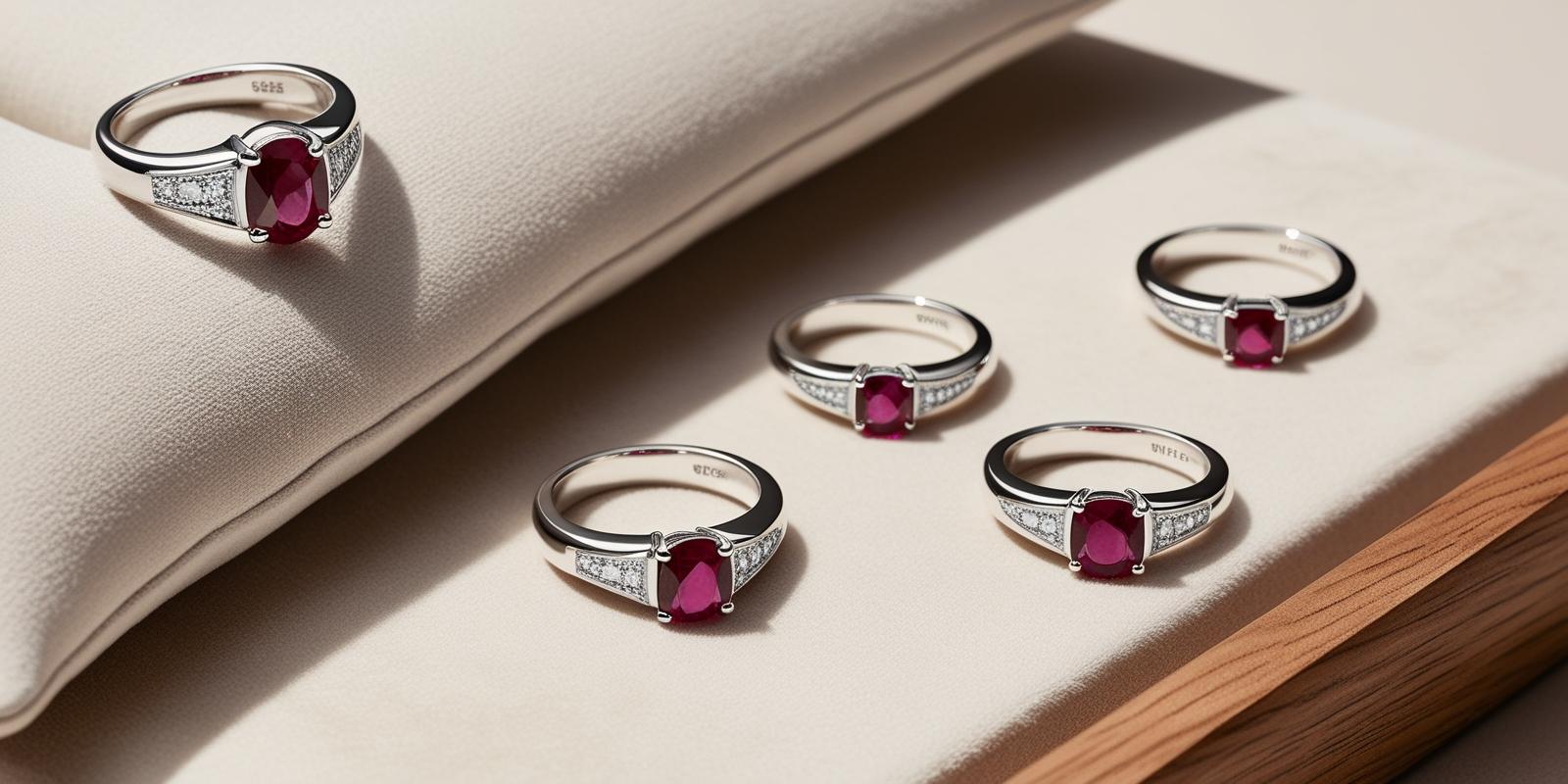 silver ruby rings sitting next to each other on a table