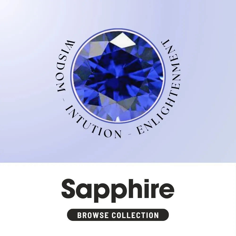 Sapphire gemstone illustration symbolizing wisdom, intuition, and enlightenment – shop September birthstone jewellery collection