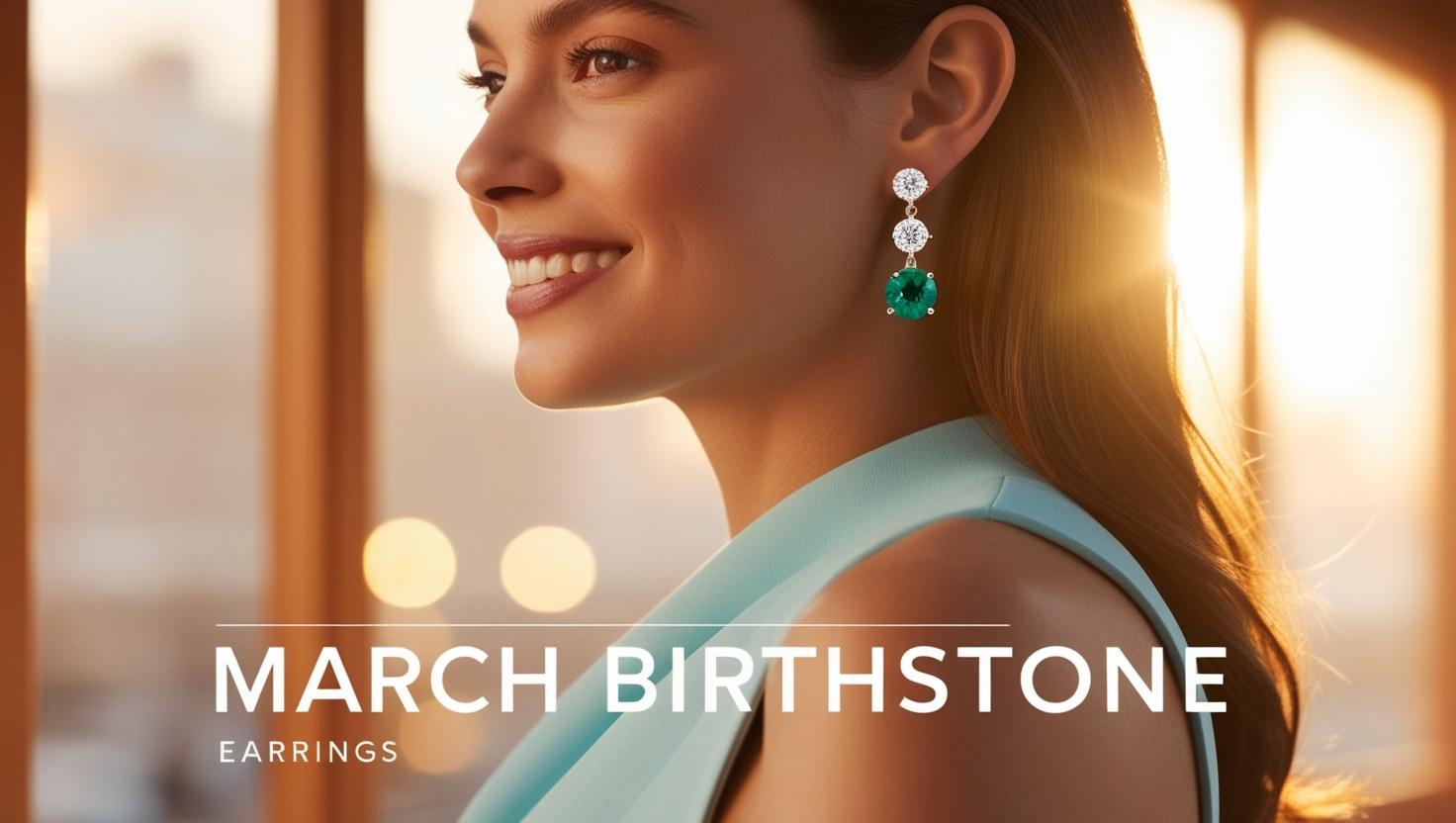 model wearing march birthstone earrings