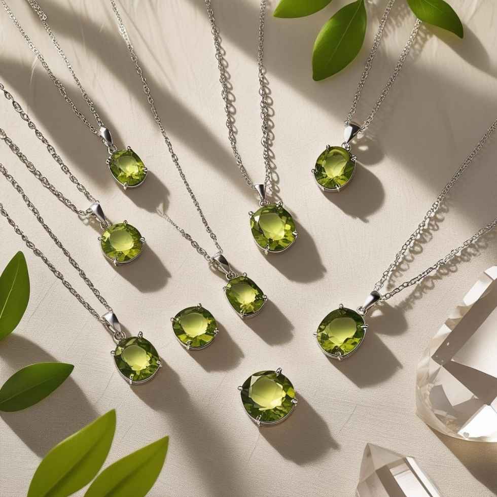 Elegant Peridot birthstone necklaces with silver chains displayed on a neutral textured background, styled with green leaves and natural light for an August jewellery collection.