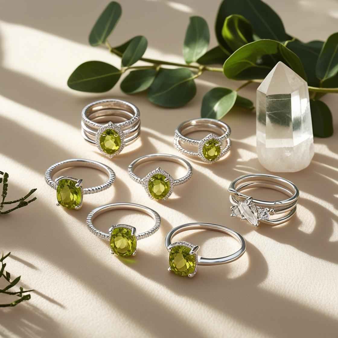 Elegant Peridot birthstone rings displayed on a beige surface with green foliage and a clear crystal, featuring silver bands in cocktail, stackable, and solitaire styles for August birthdays.