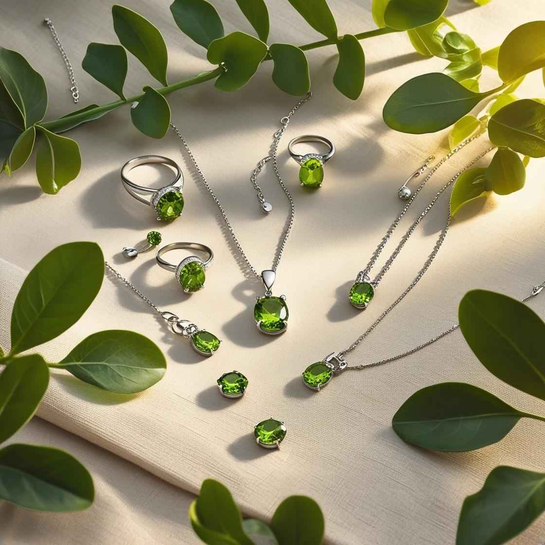 Flat lay of Peridot jewellery including rings, earrings, necklaces, and bracelets in gold and silver, styled with green leaves on a beige linen surface.