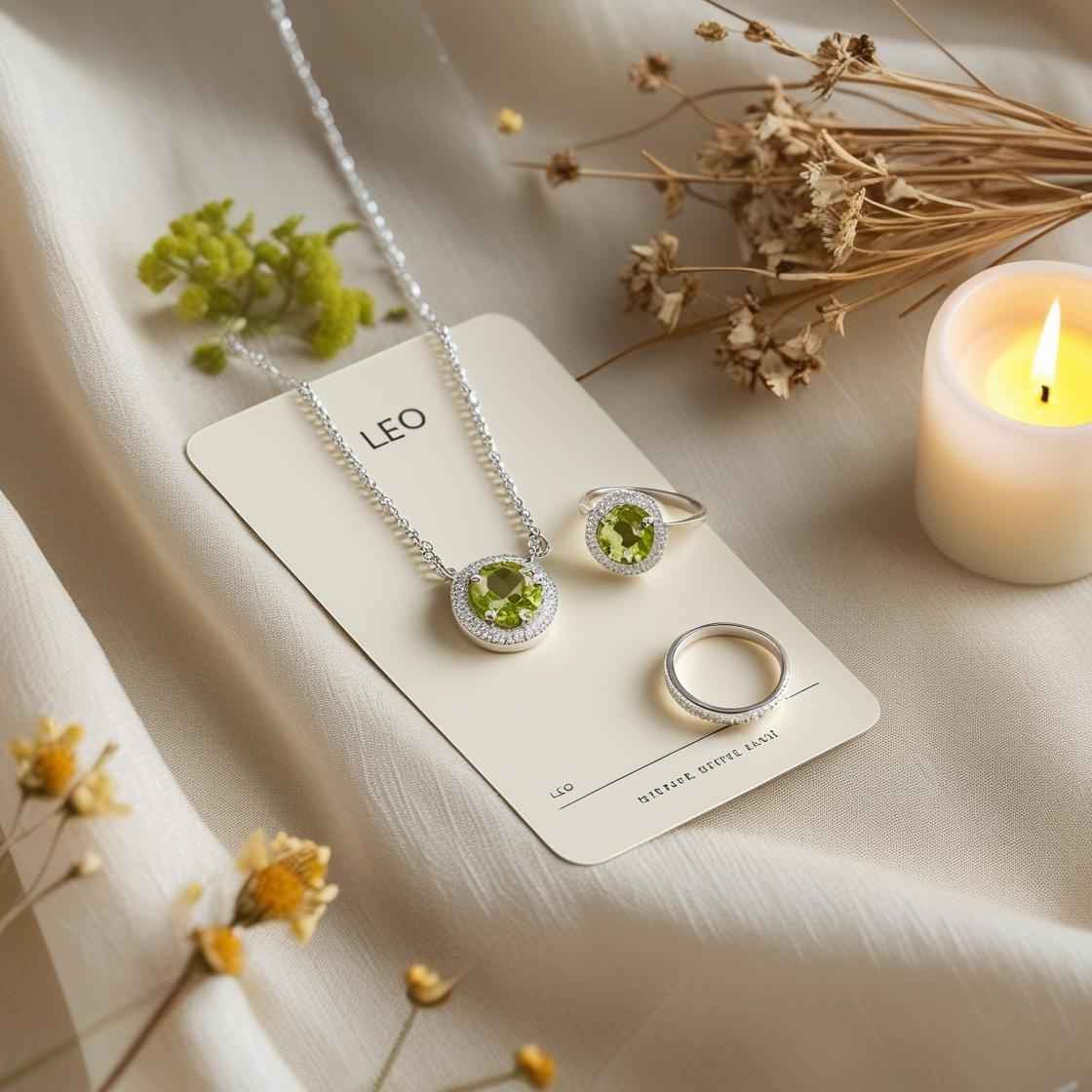 Sterling silver Peridot necklace and ring on beige linen with Leo zodiac card and dried flowers.